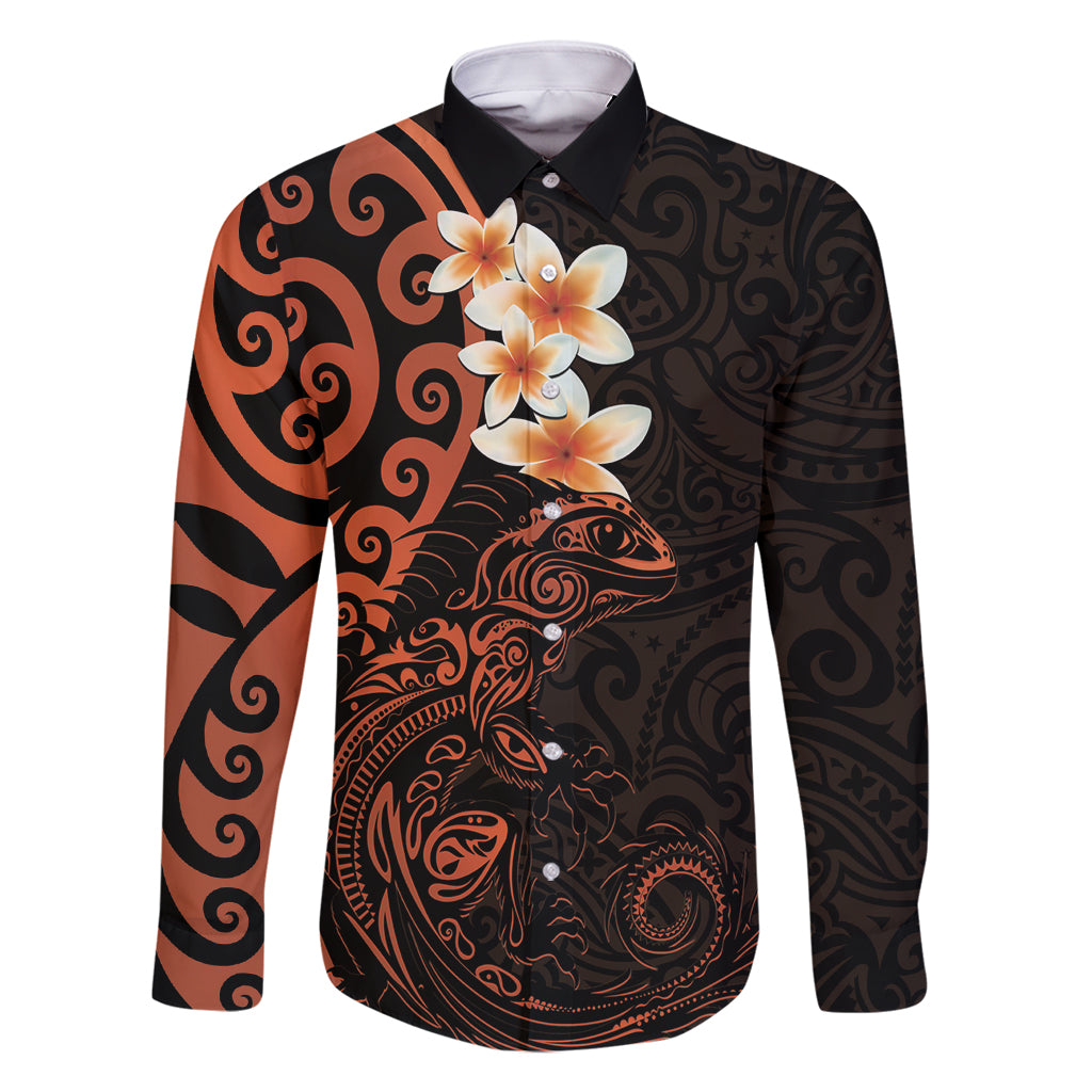 New Zealand Tuatara Plumeria Family Matching Summer Maxi Dress and Hawaiian Shirt Maori Orange Koru Tribal Tattoo LT01 Dad's Shirt - Long Sleeve Orange - Polynesian Pride