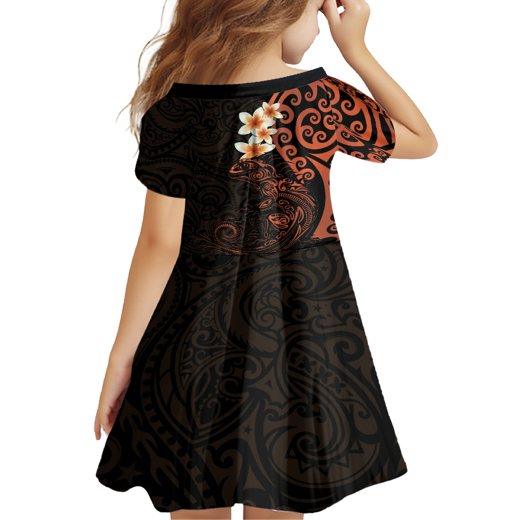 New Zealand Tuatara Plumeria Family Matching Tank Maxi Dress and Hawaiian Shirt Maori Orange Koru Tribal Tattoo LT01 - Polynesian Pride