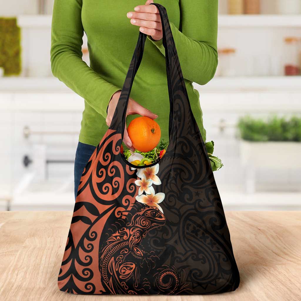 New Zealand Tuatara Plumeria Grocery Bag Maori Orange Koru Tribal Tattoo LT01 - Polynesian Pride