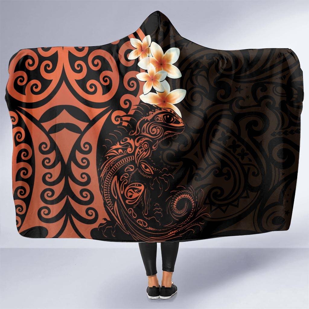 New Zealand Tuatara Plumeria Hooded Blanket Maori Orange Koru Tribal Tattoo LT01 - Polynesian Pride