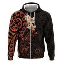 New Zealand Tuatara Plumeria Hoodie Maori Orange Koru Tribal Tattoo LT01 Zip Hoodie Orange - Polynesian Pride