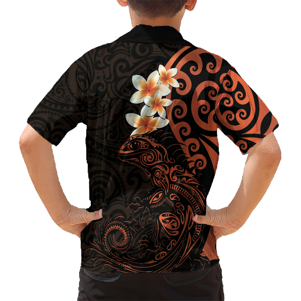 New Zealand Tuatara Plumeria Kid Hawaiian Shirt Maori Orange Koru Tribal Tattoo LT01 - Polynesian Pride
