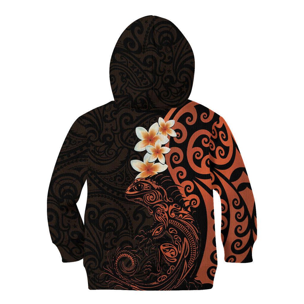 New Zealand Tuatara Plumeria Kid Hoodie Maori Orange Koru Tribal Tattoo LT01 - Polynesian Pride