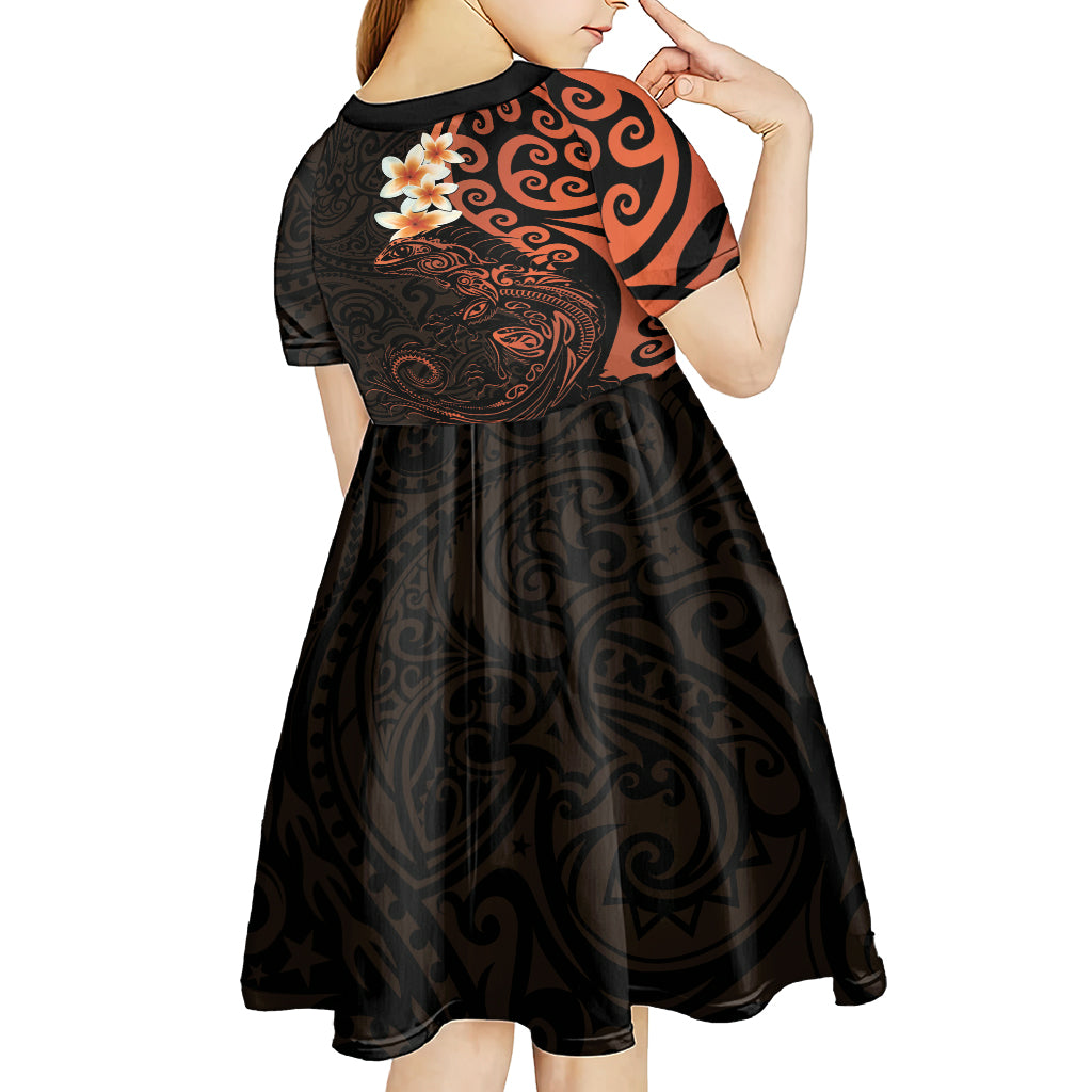 New Zealand Tuatara Plumeria Kid Short Sleeve Dress Maori Orange Koru Tribal Tattoo LT01 - Polynesian Pride
