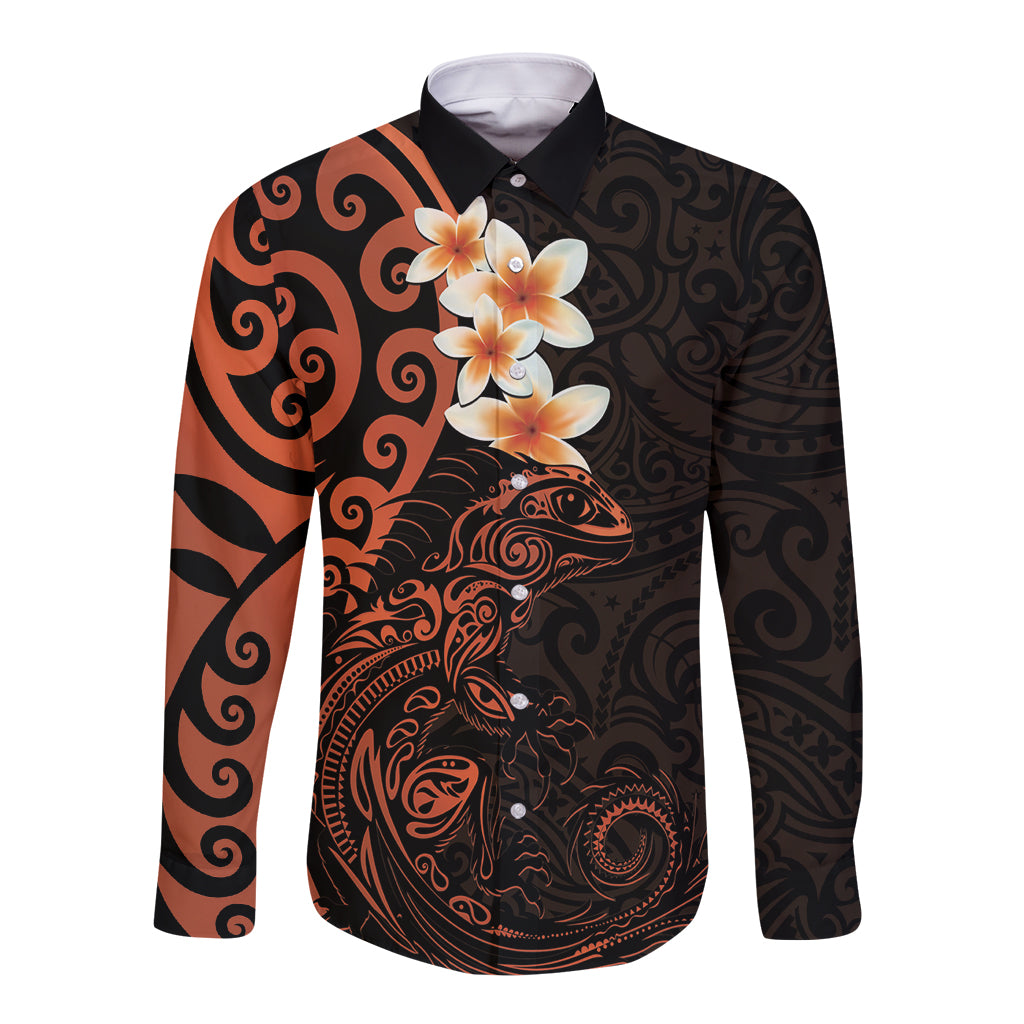 New Zealand Tuatara Plumeria Long Sleeve Button Shirt Maori Orange Koru Tribal Tattoo LT01 Unisex Orange - Polynesian Pride