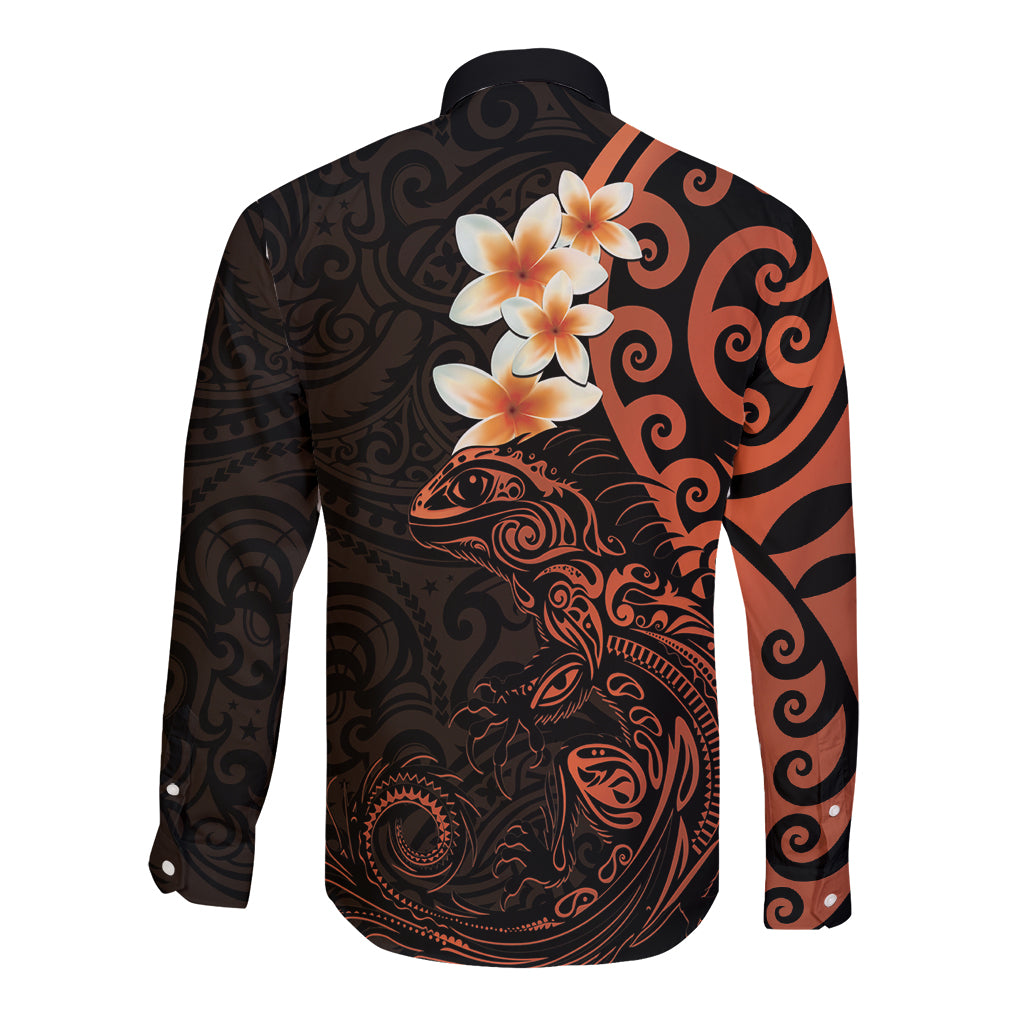 New Zealand Tuatara Plumeria Long Sleeve Button Shirt Maori Orange Koru Tribal Tattoo LT01 - Polynesian Pride