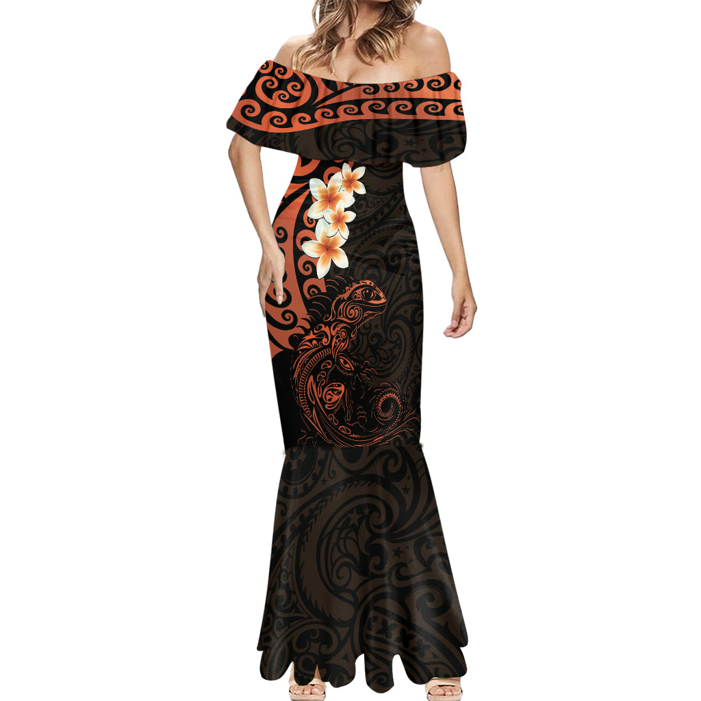 New Zealand Tuatara Plumeria Mermaid Dress Maori Orange Koru Tribal Tattoo LT01 - Polynesian Pride