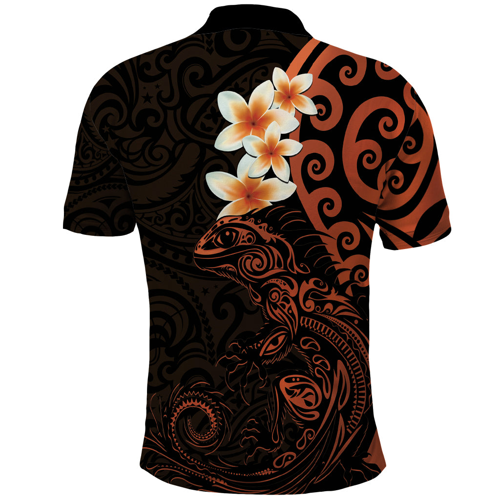 New Zealand Tuatara Plumeria Polo Shirt Maori Orange Koru Tribal Tattoo