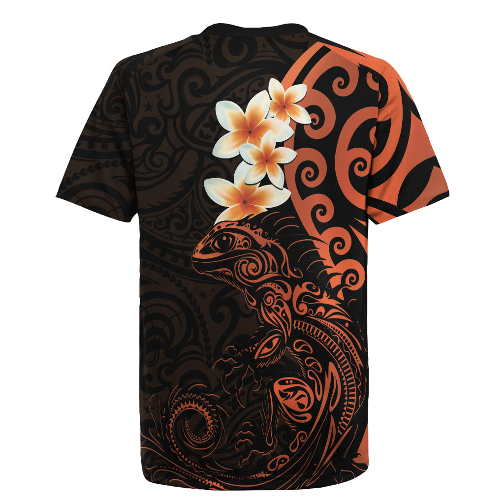New Zealand Tuatara Plumeria Rugby Jersey Maori Orange Koru Tribal Tattoo LT01 - Polynesian Pride