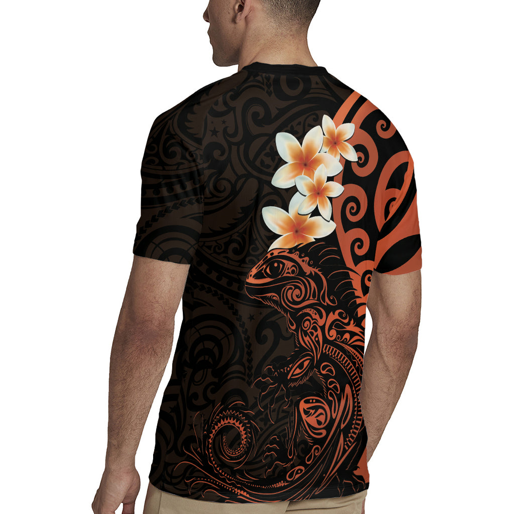 New Zealand Tuatara Plumeria Rugby Jersey Maori Orange Koru Tribal Tattoo LT01 - Polynesian Pride