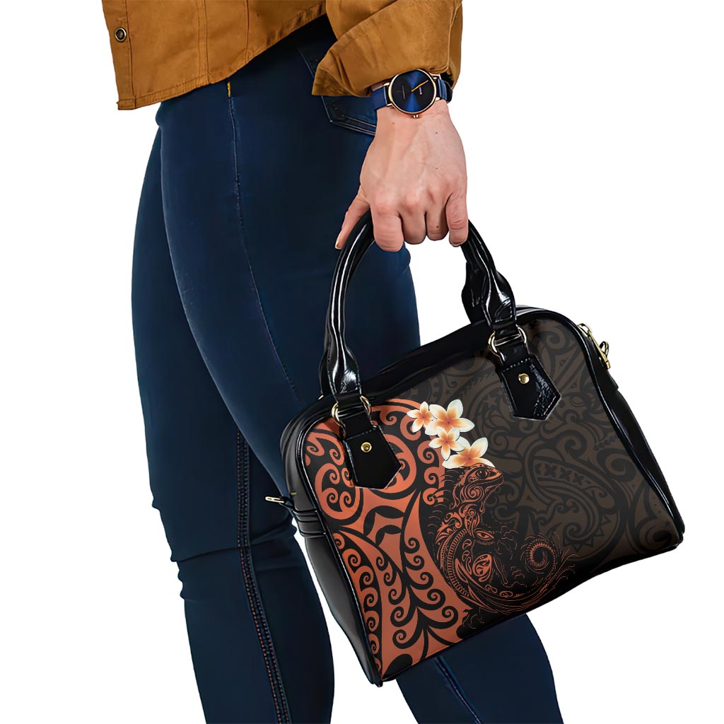 New Zealand Tuatara Plumeria Shoulder Handbag Maori Orange Koru Tribal Tattoo