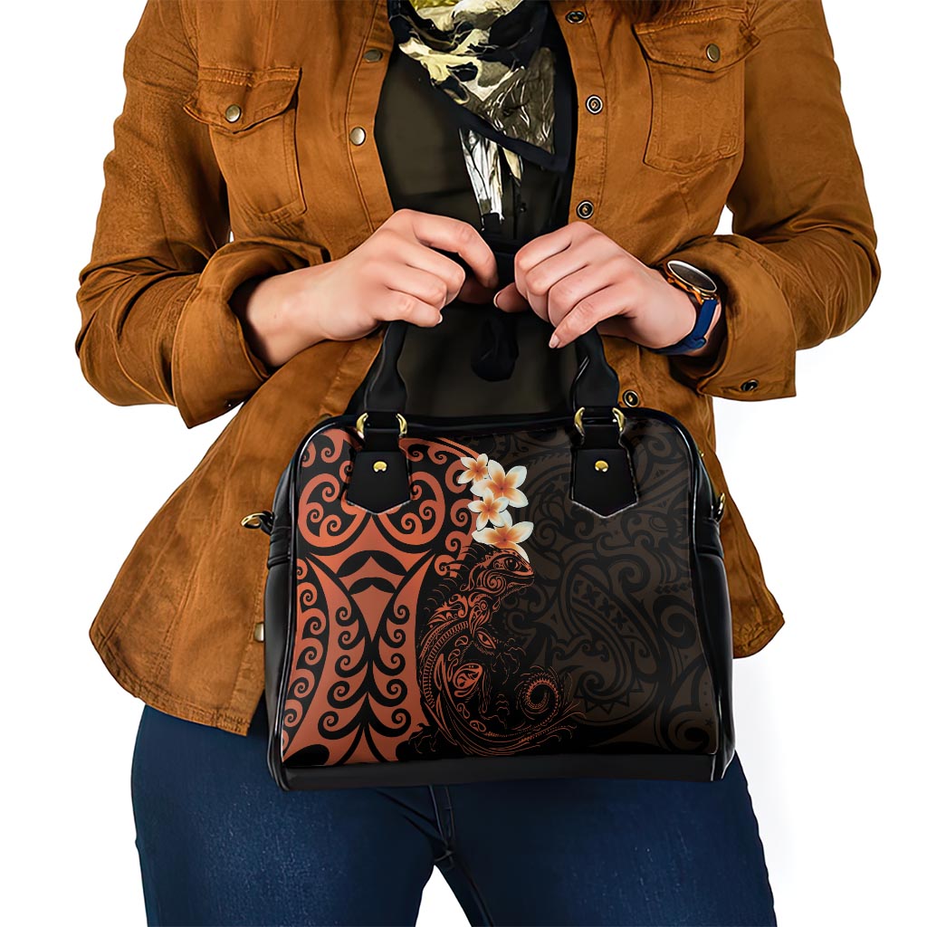 New Zealand Tuatara Plumeria Shoulder Handbag Maori Orange Koru Tribal Tattoo