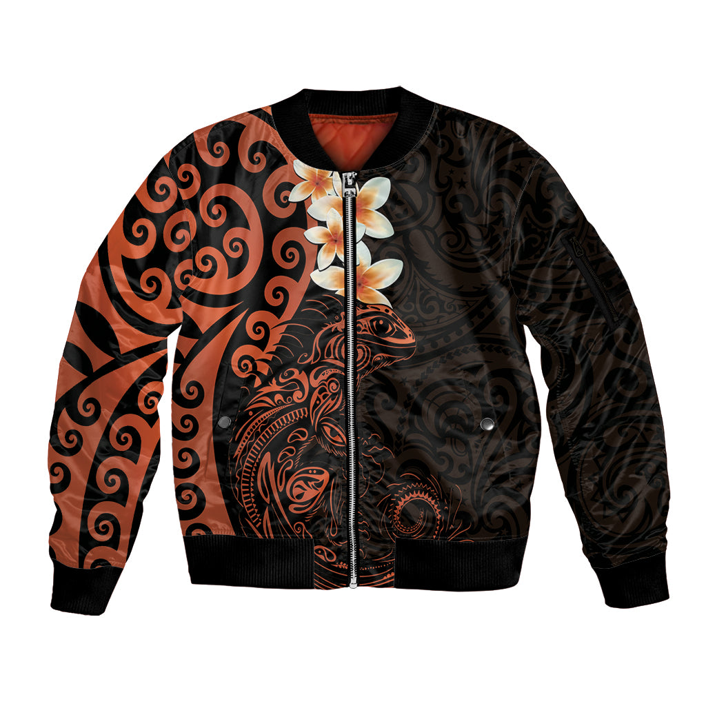 New Zealand Tuatara Plumeria Sleeve Zip Bomber Jacket Maori Orange Koru Tribal Tattoo