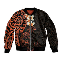 New Zealand Tuatara Plumeria Sleeve Zip Bomber Jacket Maori Orange Koru Tribal Tattoo