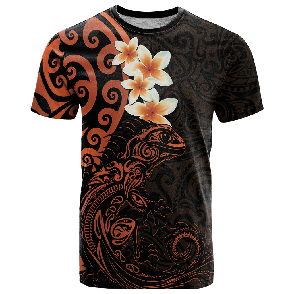 New Zealand Tuatara Plumeria T Shirt Maori Orange Koru Tribal Tattoo