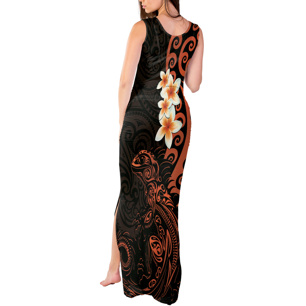 New Zealand Tuatara Plumeria Tank Maxi Dress Maori Orange Koru Tribal Tattoo LT01 - Polynesian Pride