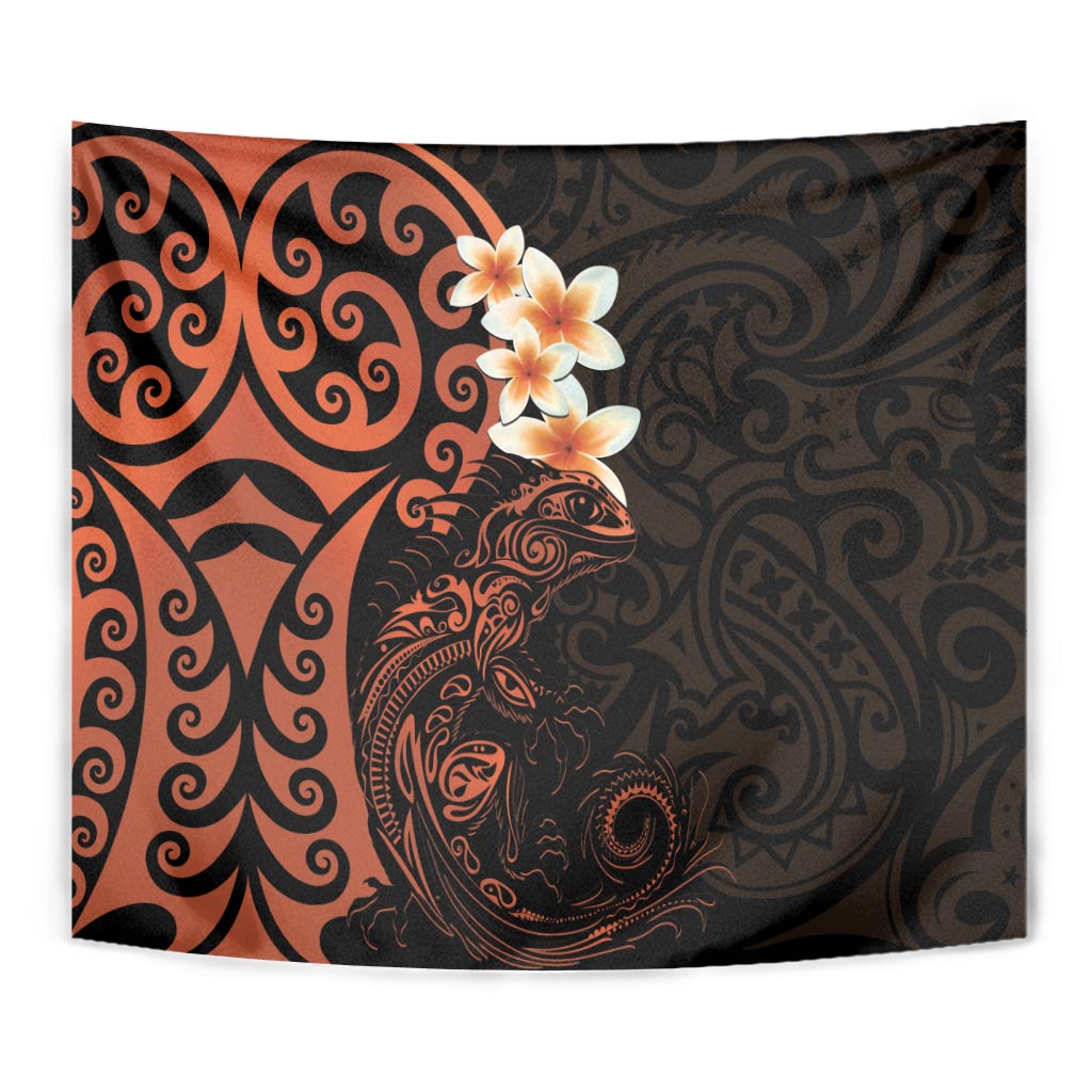 New Zealand Tuatara Plumeria Tapestry Maori Orange Koru Tribal Tattoo