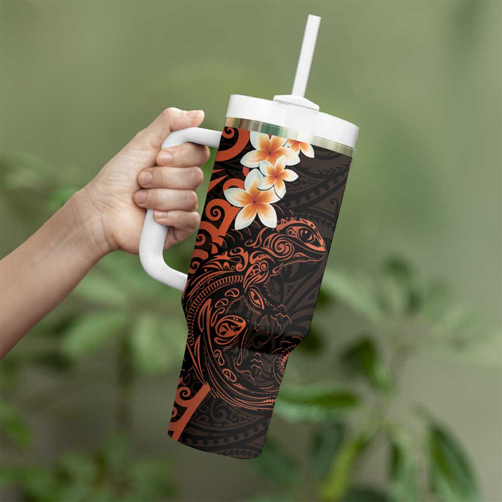 New Zealand Tuatara Plumeria Tumbler With Handle Maori Orange Koru Tribal Tattoo LT01 - Polynesian Pride