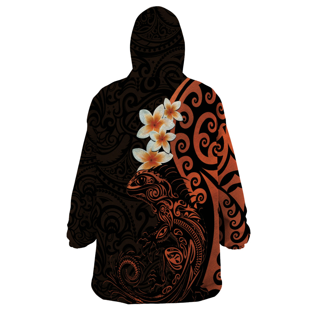 New Zealand Tuatara Plumeria Wearable Blanket Hoodie Maori Orange Koru Tribal Tattoo LT01 - Polynesian Pride
