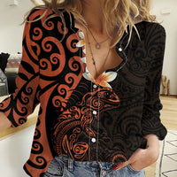 New Zealand Tuatara Plumeria Women Casual Shirt Maori Orange Koru Tribal Tattoo LT01 Female Orange - Polynesian Pride