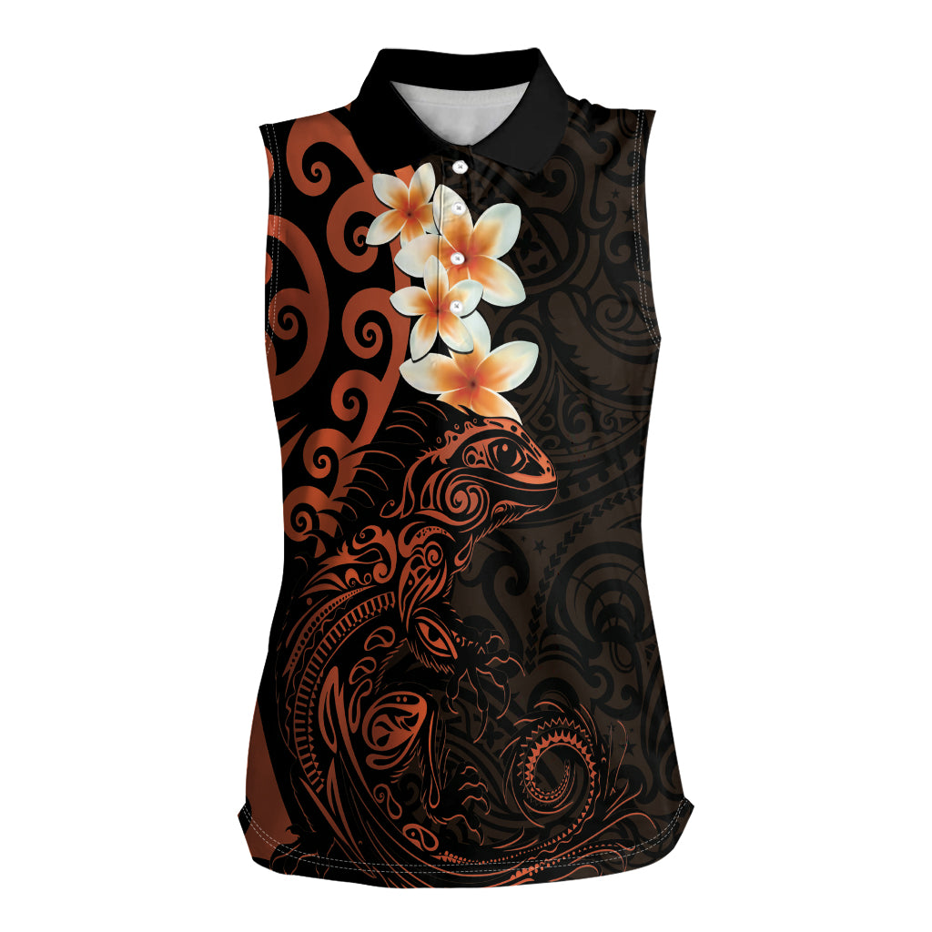 New Zealand Tuatara Plumeria Women Sleeveless Polo Shirt Maori Orange Koru Tribal Tattoo