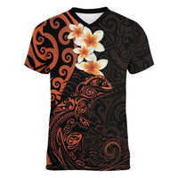 New Zealand Tuatara Plumeria Women V-Neck T-Shirt Maori Orange Koru Tribal Tattoo
