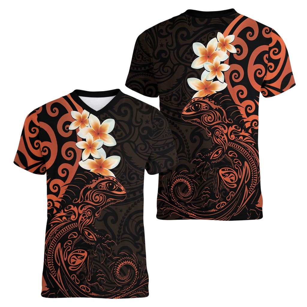 New Zealand Tuatara Plumeria Women V-Neck T-Shirt Maori Orange Koru Tribal Tattoo
