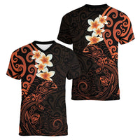 New Zealand Tuatara Plumeria Women V-Neck T-Shirt Maori Orange Koru Tribal Tattoo