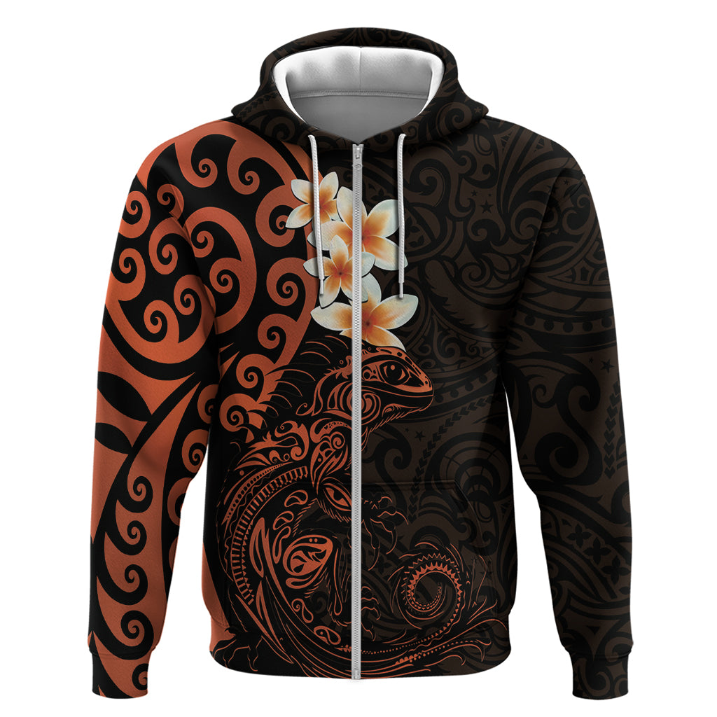 New Zealand Tuatara Plumeria Zip Hoodie Maori Orange Koru Tribal Tattoo LT01 Zip Hoodie Orange - Polynesian Pride