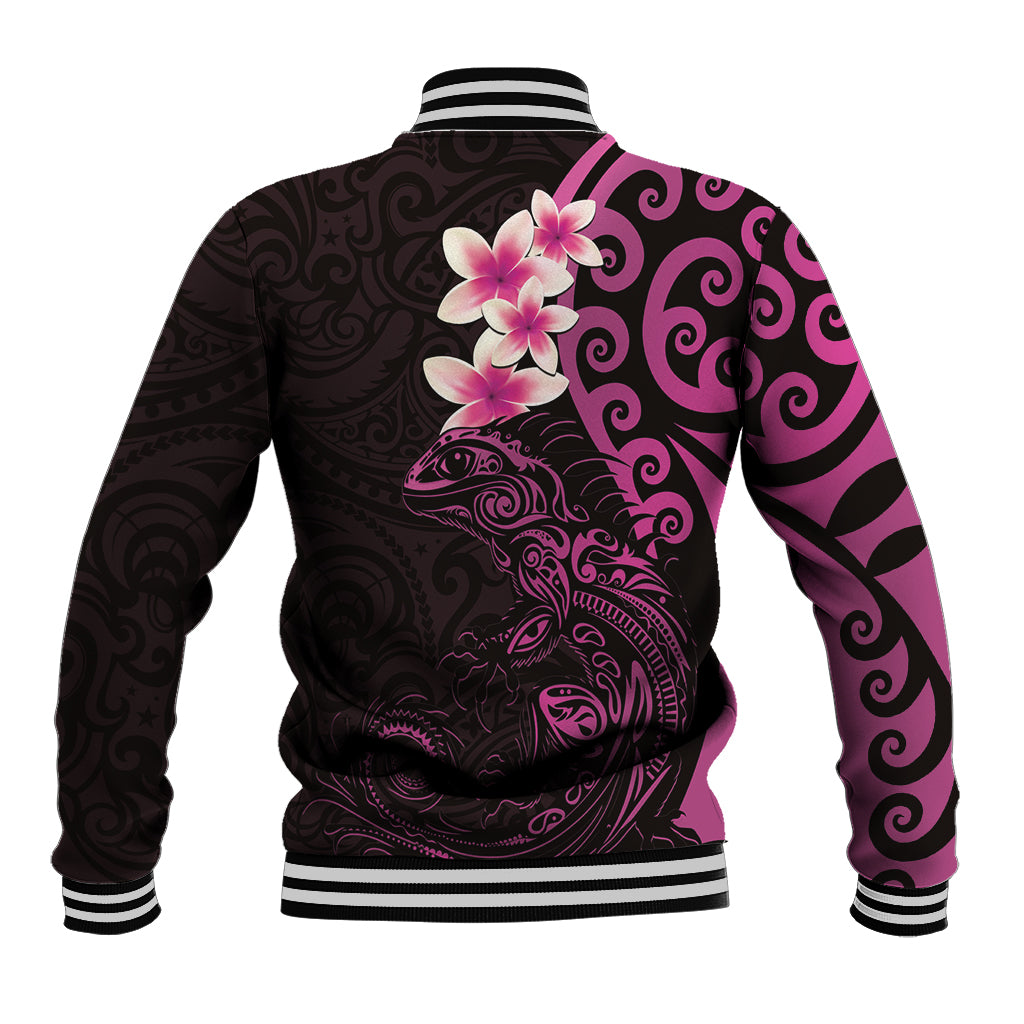 New Zealand Tuatara Plumeria Baseball Jacket Maori Pink Koru Tribal Tattoo