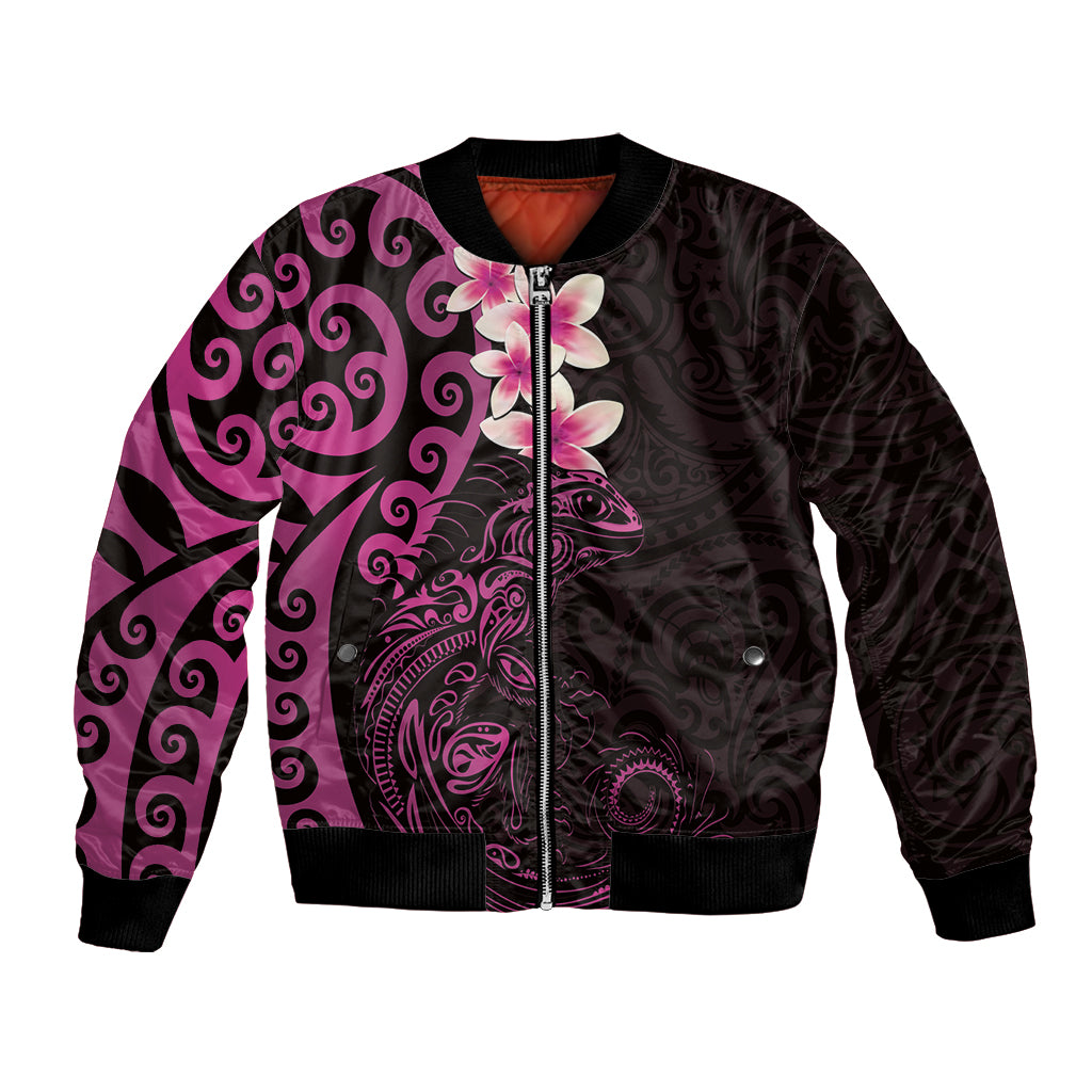 New Zealand Tuatara Plumeria Bomber Jacket Maori Pink Koru Tribal Tattoo LT01 Unisex Pink - Polynesian Pride