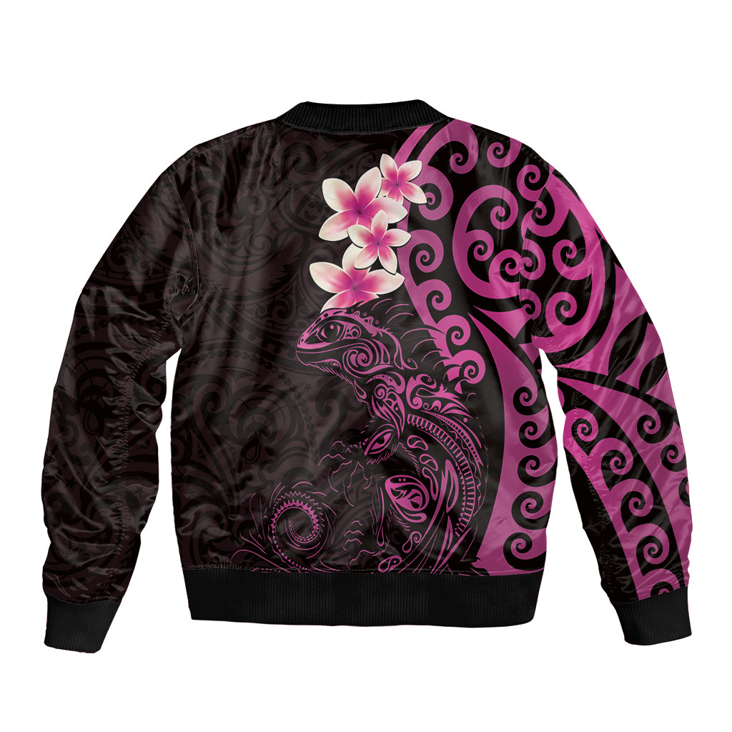 New Zealand Tuatara Plumeria Bomber Jacket Maori Pink Koru Tribal Tattoo LT01 - Polynesian Pride