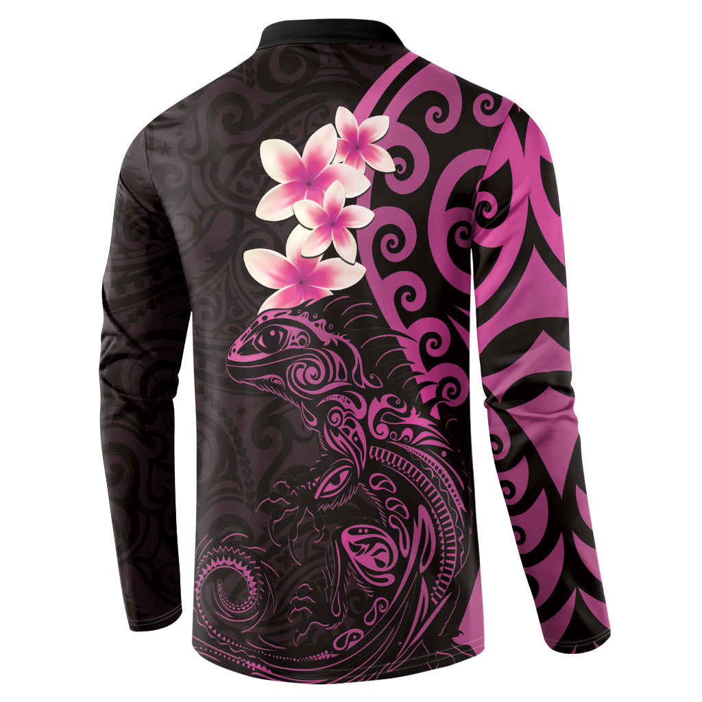 New Zealand Tuatara Plumeria Button Sweatshirt Maori Pink Koru Tribal Tattoo