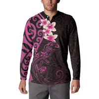 New Zealand Tuatara Plumeria Button Sweatshirt Maori Pink Koru Tribal Tattoo