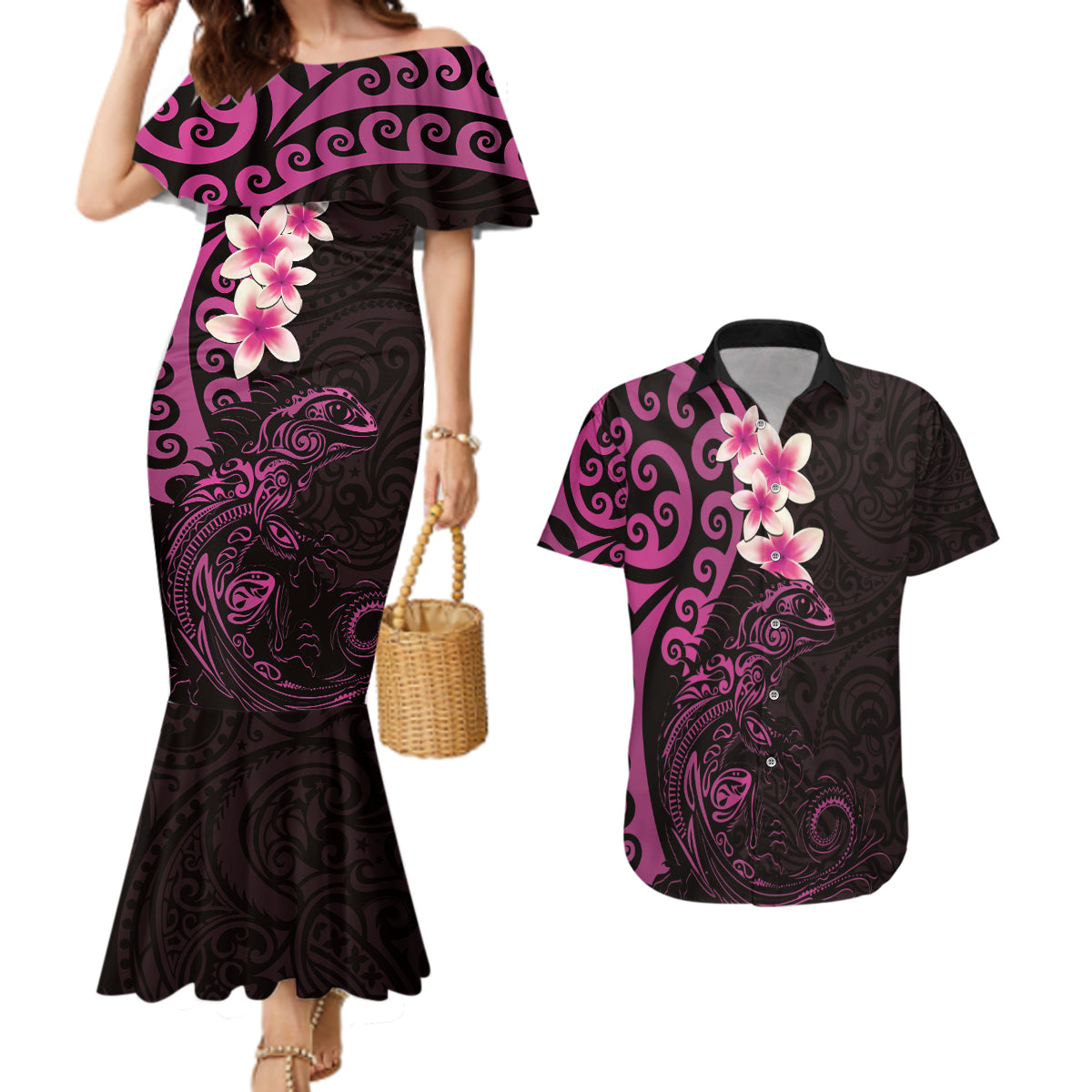 New Zealand Tuatara Plumeria Couples Matching Mermaid Dress and Hawaiian Shirt Maori Pink Koru Tribal Tattoo