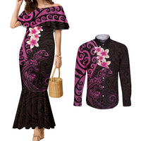 New Zealand Tuatara Plumeria Couples Matching Mermaid Dress and Long Sleeve Button Shirt Maori Pink Koru Tribal Tattoo LT01 Pink - Polynesian Pride
