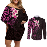 New Zealand Tuatara Plumeria Couples Matching Off Shoulder Short Dress and Long Sleeve Button Shirt Maori Pink Koru Tribal Tattoo LT01 Pink - Polynesian Pride