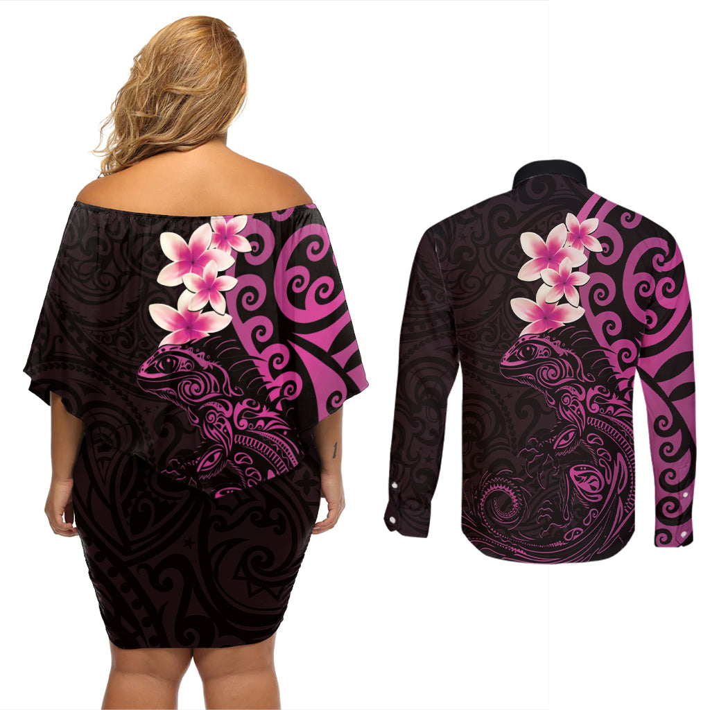 New Zealand Tuatara Plumeria Couples Matching Off Shoulder Short Dress and Long Sleeve Button Shirt Maori Pink Koru Tribal Tattoo LT01 - Polynesian Pride
