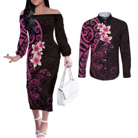 New Zealand Tuatara Plumeria Couples Matching Off The Shoulder Long Sleeve Dress and Long Sleeve Button Shirt Maori Pink Koru Tribal Tattoo LT01 Pink - Polynesian Pride