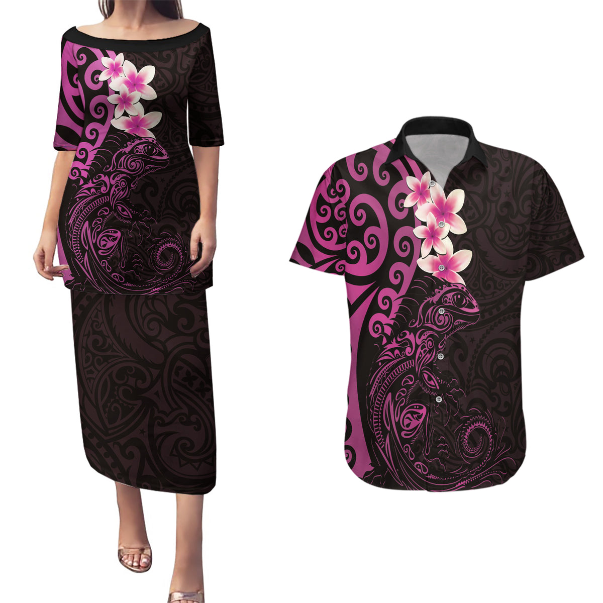 New Zealand Tuatara Plumeria Couples Matching Puletasi and Hawaiian Shirt Maori Pink Koru Tribal Tattoo LT01 Pink - Polynesian Pride