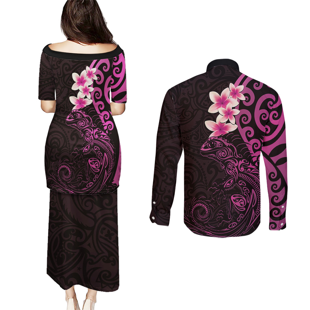 New Zealand Tuatara Plumeria Couples Matching Puletasi and Long Sleeve Button Shirt Maori Pink Koru Tribal Tattoo LT01 - Polynesian Pride