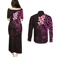 New Zealand Tuatara Plumeria Couples Matching Puletasi and Long Sleeve Button Shirt Maori Pink Koru Tribal Tattoo LT01 - Polynesian Pride