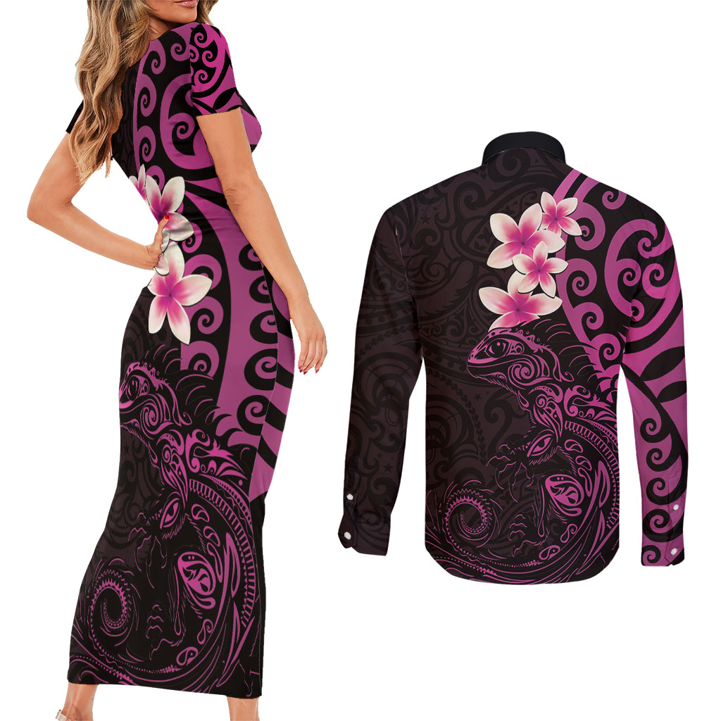 New Zealand Tuatara Plumeria Couples Matching Short Sleeve Bodycon Dress and Long Sleeve Button Shirt Maori Pink Koru Tribal Tattoo LT01 - Polynesian Pride