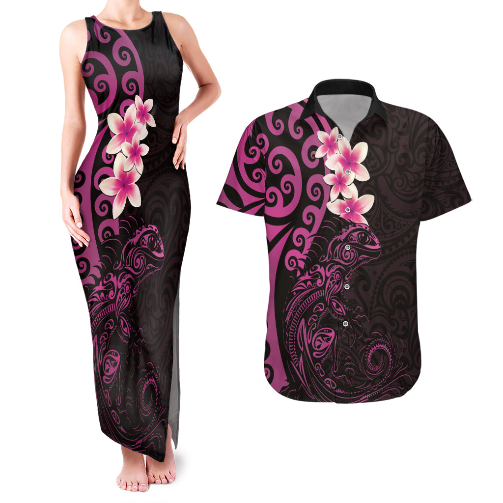 New Zealand Tuatara Plumeria Couples Matching Tank Maxi Dress and Hawaiian Shirt Maori Pink Koru Tribal Tattoo LT01 Pink - Polynesian Pride