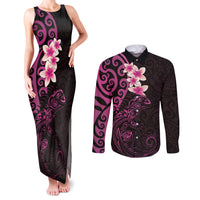 New Zealand Tuatara Plumeria Couples Matching Tank Maxi Dress and Long Sleeve Button Shirt Maori Pink Koru Tribal Tattoo LT01 Pink - Polynesian Pride