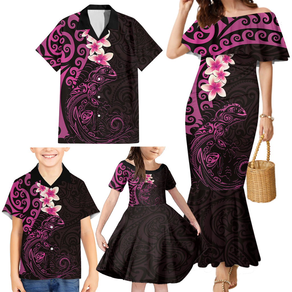 New Zealand Tuatara Plumeria Family Matching Mermaid Dress and Hawaiian Shirt Maori Pink Koru Tribal Tattoo LT01 - Polynesian Pride