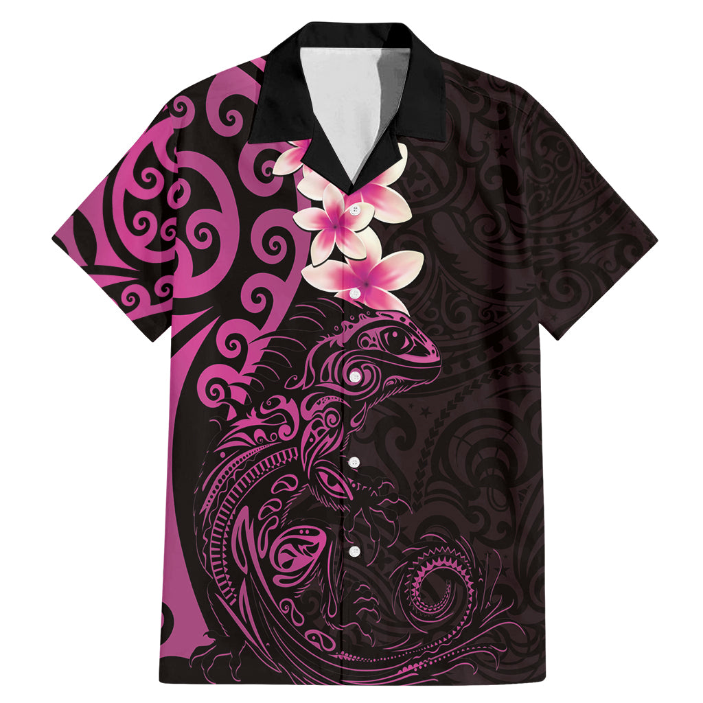 New Zealand Tuatara Plumeria Family Matching Mermaid Dress and Hawaiian Shirt Maori Pink Koru Tribal Tattoo LT01 Dad's Shirt - Short Sleeve Pink - Polynesian Pride