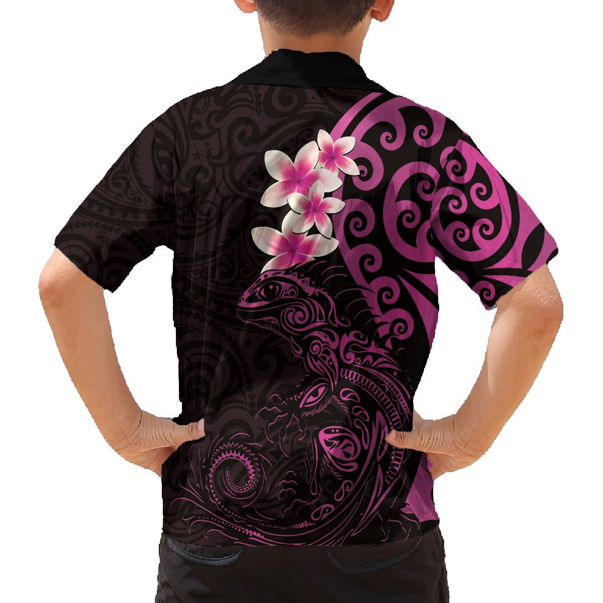 New Zealand Tuatara Plumeria Family Matching Off The Shoulder Long Sleeve Dress and Hawaiian Shirt Maori Pink Koru Tribal Tattoo LT01 - Polynesian Pride