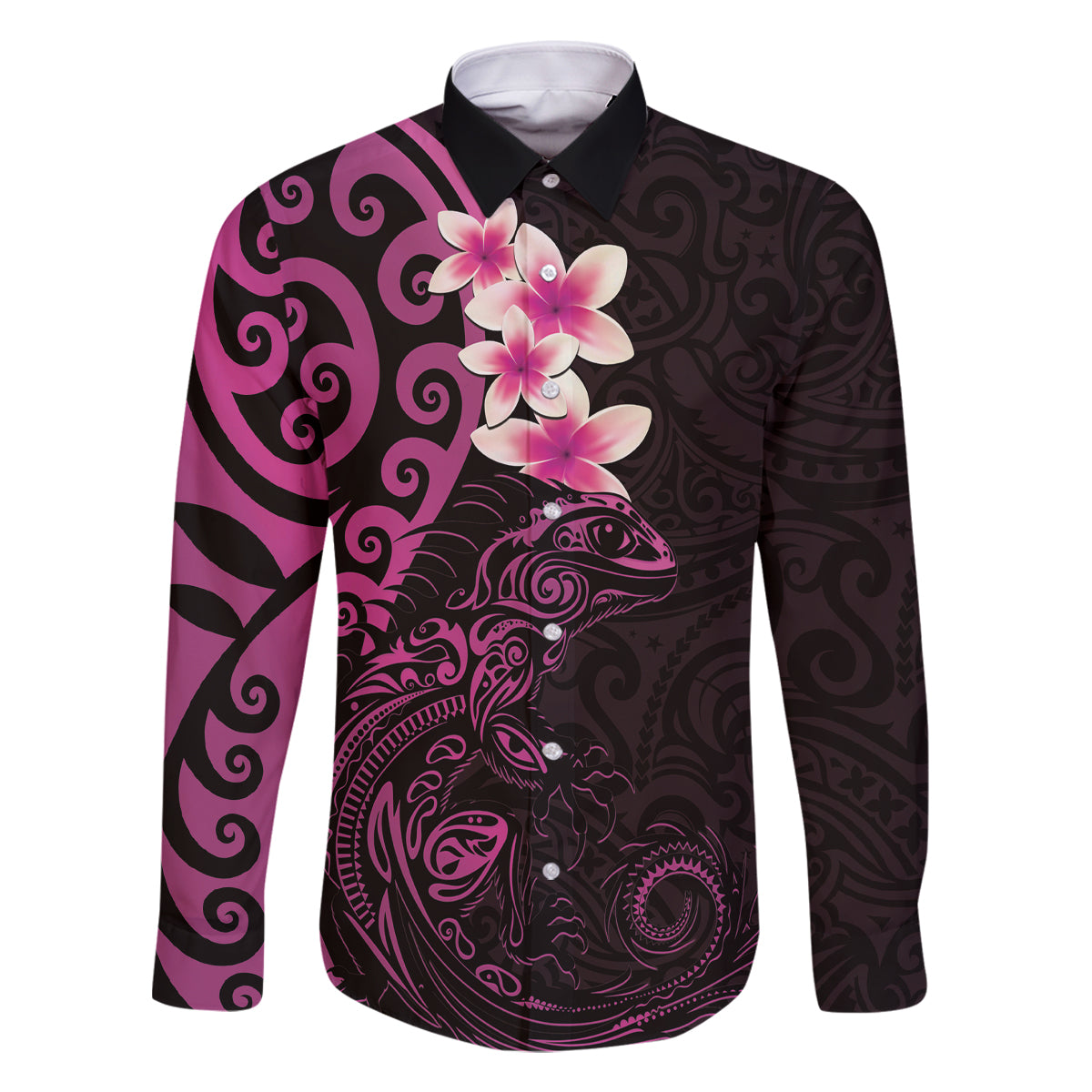 New Zealand Tuatara Plumeria Family Matching Off The Shoulder Long Sleeve Dress and Hawaiian Shirt Maori Pink Koru Tribal Tattoo LT01 Dad's Shirt - Long Sleeve Pink - Polynesian Pride