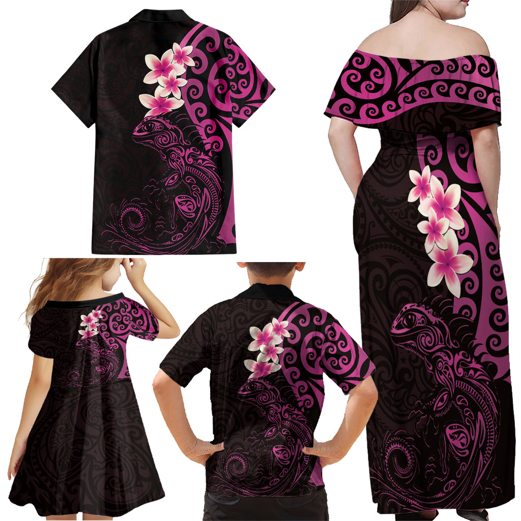 New Zealand Tuatara Plumeria Family Matching Off Shoulder Maxi Dress and Hawaiian Shirt Maori Pink Koru Tribal Tattoo LT01 - Polynesian Pride